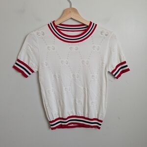 Red and White Knit Logo Knit Sweater Crew Neck Nylon Blend